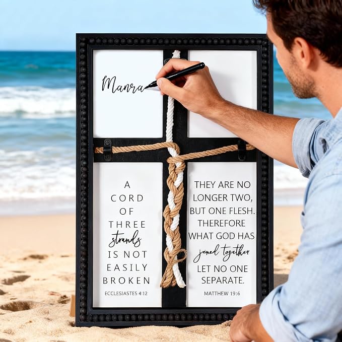 Farmhouse A Cord of Three Strands Wedding Ceremony Sign with Wooden Bead and Hanging Hook, Vintage Rustic Wood Unity Cross for Wedding Ceremony, 11 X 15 Religious Christian Wall Decor Gift for Couple