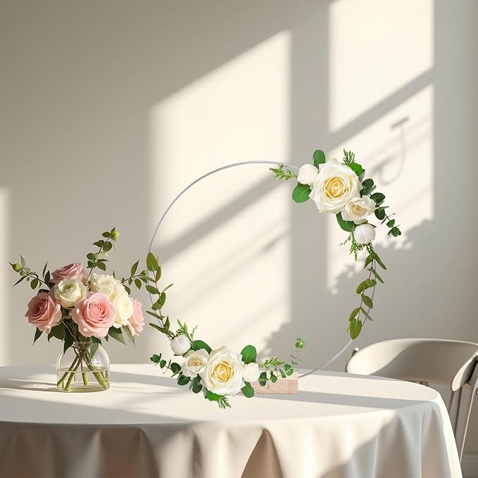 12Pcs 12 Inch Metal Floral Hoop Centerpiece With Stand for Table, Silver Center Pieces Decoration With Wood Base for DIY Wedding Decor Wall Hanging Crafts