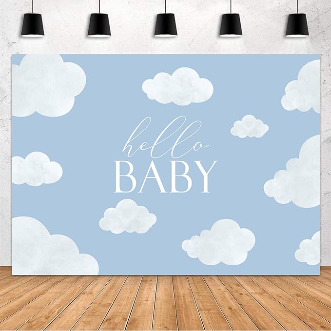 MEHOFOND Hello Baby Baby Shower Backdrop Blue Baby Birthday Party Decorations Backdrop Blue Sky White Cloud Baby Shower Party Decorations Cake Table Banner Supplies Photo Studio Props(7x5ft)