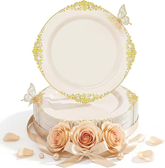 Nervure 100PCS Ivory Plastic Plates - 10.25inch Ivory and Gold Disposable Plates - Heavyweight Dinner Plate for Wedding & Party & Mothers Day