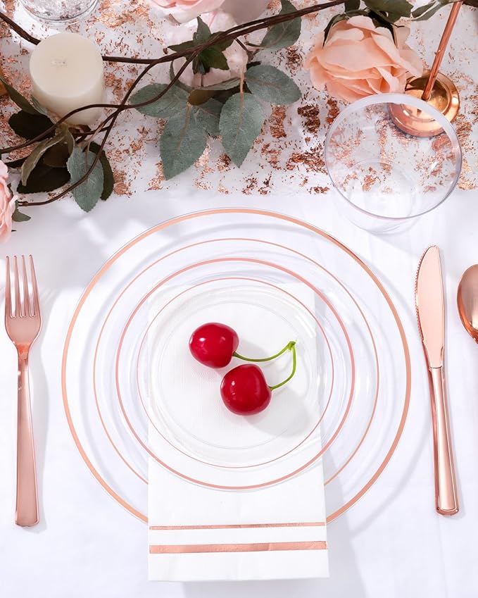 GATHER 700PCS Rose Gold Plastic Plates - Clear Rose Gold Rim Disposable Dinnerware Set Includes 200 Plates, 300 Silverware, 100 Napkins, 100 Cups for Party & Wedding & Mother's Day