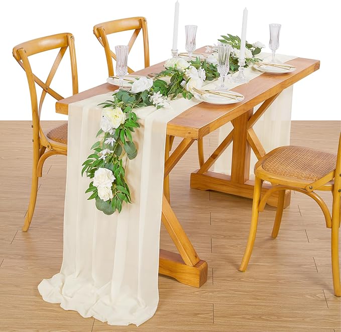 Beige Chiffon Table Runner Sheer: 10 Pieces 14x120 Inches Wedding Table Runners - 10ft Soft Fabric for Daily Dining Bridal Baby Shower Decorations