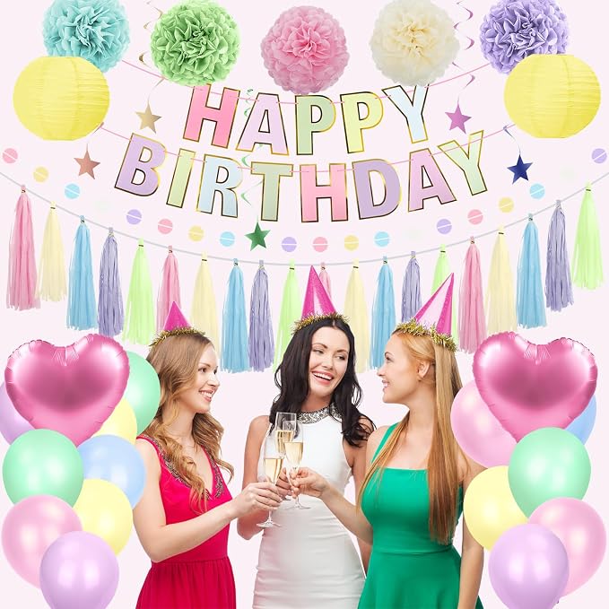 Pastel Rainbow Party Decorations 50Pcs Pastel Birthday Decorations for Girl | with Happy Birthday Banner Balloons Paper Pom Poms Lantern Hanging Swirls Garland Ribbon Macaron Theme Party Supplies