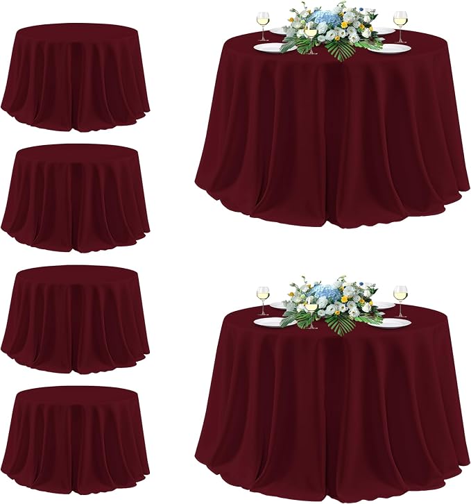 sancua Round Tablecloth 132 Inch Diameter, 6 Pack Burgundy - Circle Polyester Fabric Table Cloth for Christmas Party Reception Banquet Birthday, Washable Formal Table Cover (Fit 54-96 Inch Tables)