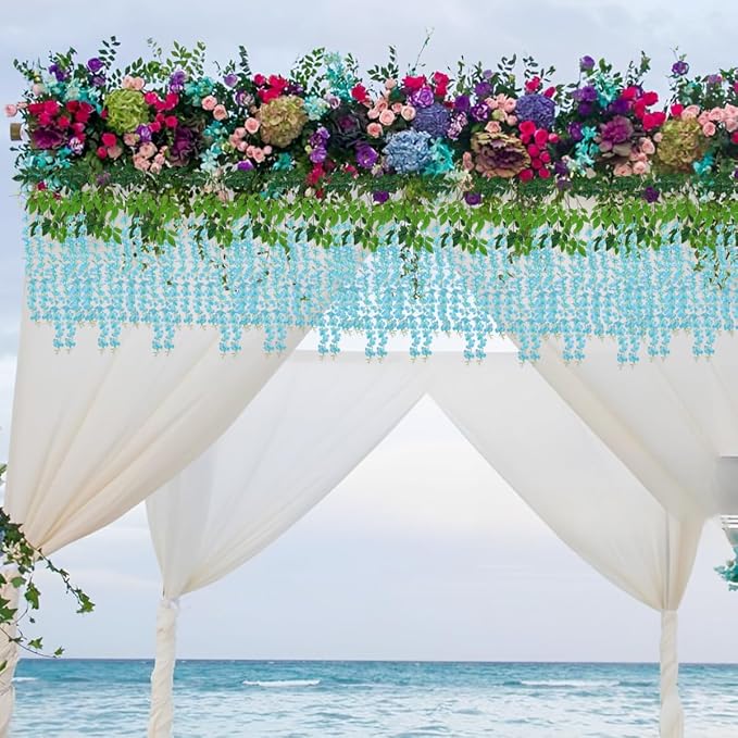 Artificial Wisteria Hanging Flowers-Fake Wisteria Flower Garland Silk Vines Rattan Decor for Home Wedding Arch Wall Garden Greenery Bedroom Outdoor Office Party Decoration(24, Blue)