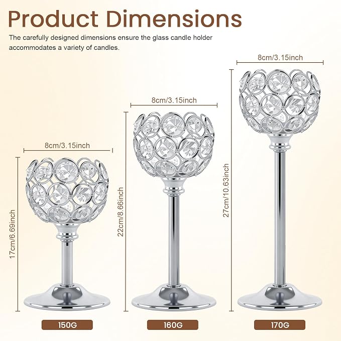 Silver Crystal Candle Holders Candlestick Holders - 2 Sets Tall Bling Bowl Candelabra Centerpieces for Dining Table, Wedding, Party & Fireplace Mantel Decor,6Pcs