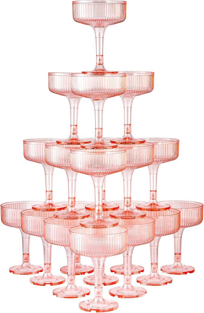 20 Pack Plastic Champagne Tower, 7oz Champagne Coupe glasses Unbreakable Plastic Cocktail Glasses Acrylic Martini Glasses for Wedding Birthday Party Bar, Pink