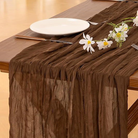 Socomi 10pcs Brown Coffee Cheesecloth Table Runner Boho Rustic Gauze 120 inch 10FT Cheese Cloth Sheer Runner for Wedding Party Baby Shower Birthday Home Decor Holiday Decorations