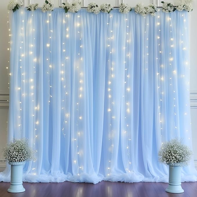 20ft x 10ft Baby Blue Chiffon Backdrop Curtain with Lights String for Parties,4 Panels Sheer Tulle Curtain Wedding Backdrop for Baby Shower Birthday Party Ceremony Reception Home Decorations