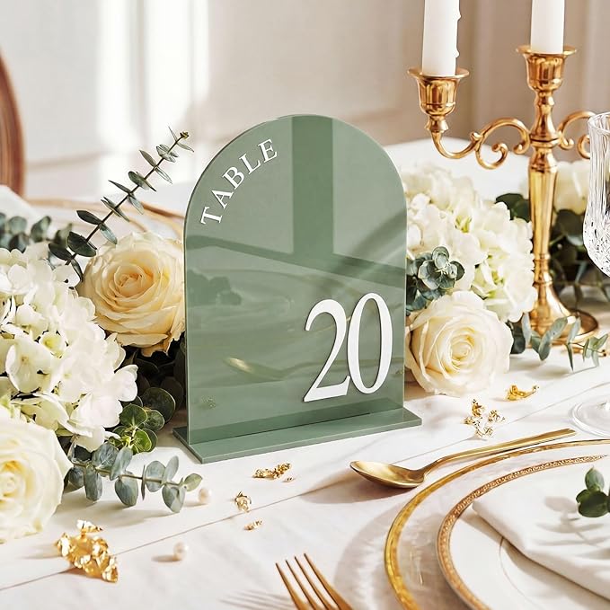 AceOrbit Sage Green Wedding Table Numbers 1-20 with Stands 5" x 7" Green Acrylic Wedding Signs with Holder Elegant Arch Numbered Signage Tabletop Reception Sign for Anniversary, Banquet, Event Decor