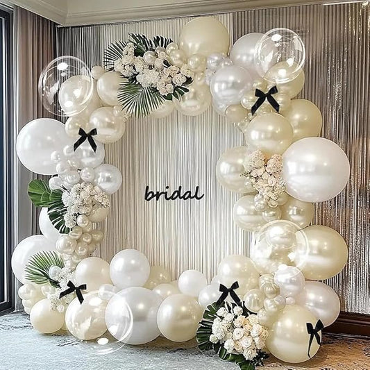 White Balloon Garland Arch Kit, Double Stuffed Cream Ivory Sand White Pearl Balloons with Bow Clear Balloon for Bridal Wedding Baby Shower Birthday Valentine‘s Day Party Decorations