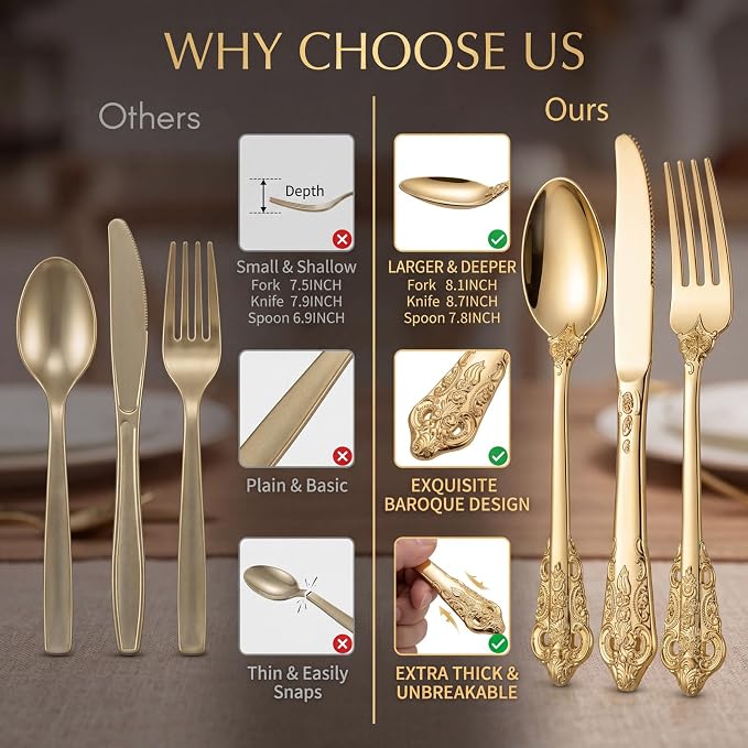 WDF 120PCS Gold Plastic Silverware - Heavy Duty Gold Plastic Cutlery Set Disposable Utensils - 40 Forks, 40 Spoons, 40 Knives, Perfect for Party Weeding Daily Use Baby Showe Spring