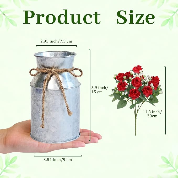 Set of 4 Wedding Flower Centerpiece for Tables Decorations, Red Artificial Roses Bouquet with Metal Vase, Faux Flower Arrangement for Party Bridal Shower Party Event (Silver Vases & Red Roses)