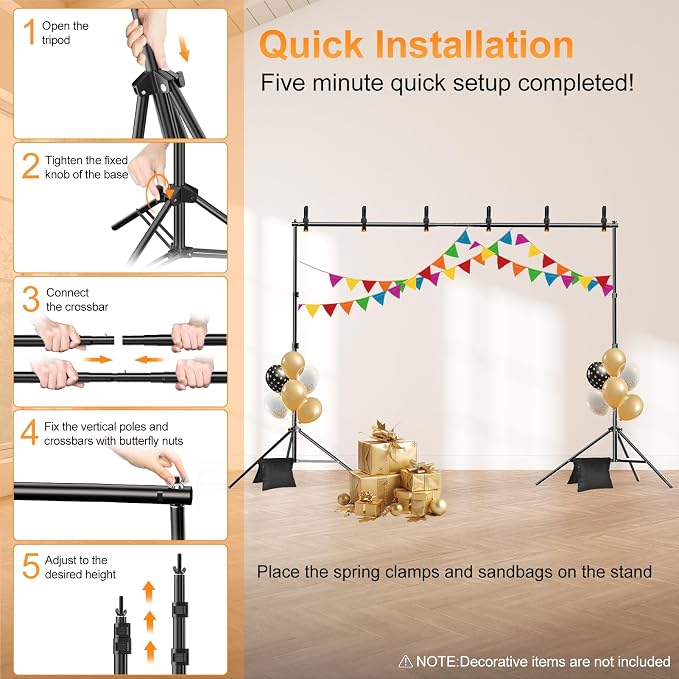 Backdrop Stand, 10x7ft(WxH) Photo Background Stand Adjustable Support Kit with 2 Crossbars, 8 Backdrop Clamps, 2 Sandbags and Carrying Bag for Parties Photography Wedding Decoration