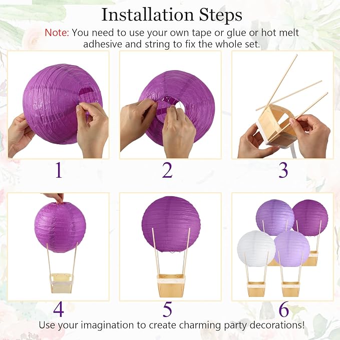 Namalu 24 Set Hot Air Balloon Table Centerpieces Baby Shower Party Decoration Paper Lanterns with Wooden Basket Sticks for Summer Birthday School DIY Craft(White, Purple Series)