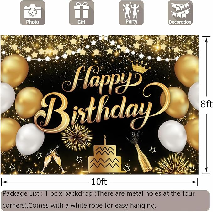 Happy Birthday Backdrop 10x8ft For Men Women Boys Girls Black and Gold Happy Birthday Sign Wall Banner Decorations Large Birthday Party Photo Background Poster Supplies Polyester Fabric