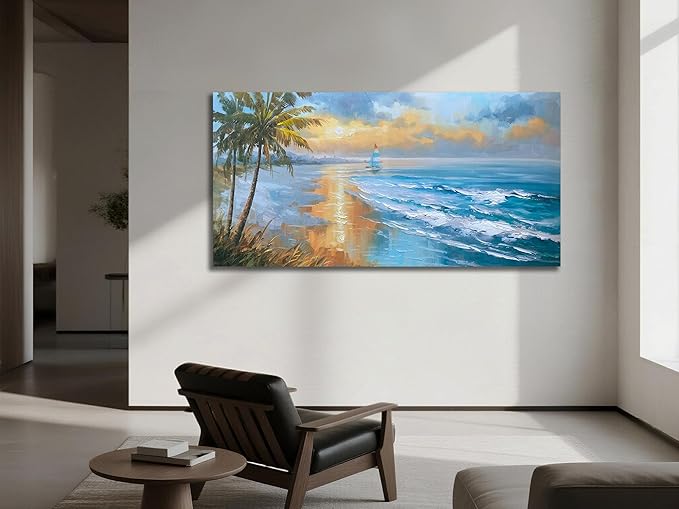 Enartly 3D Textured Seascape Wall Art for Living Room, Ocean Nature Coconut Tree Landscape Canvas Painting Artwork Framed Bedroom Bathroom Hallway Home Office Wall Decor, 58"x29"