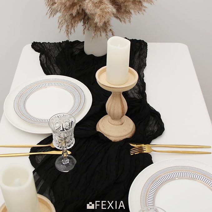 FEXIA Black Cheesecloth Table Runner Cheese Cloth Runner 35x120 Inches Gauze Gothic Decor for Rustic Farmhouse Baby Shower Halloween Home Decor