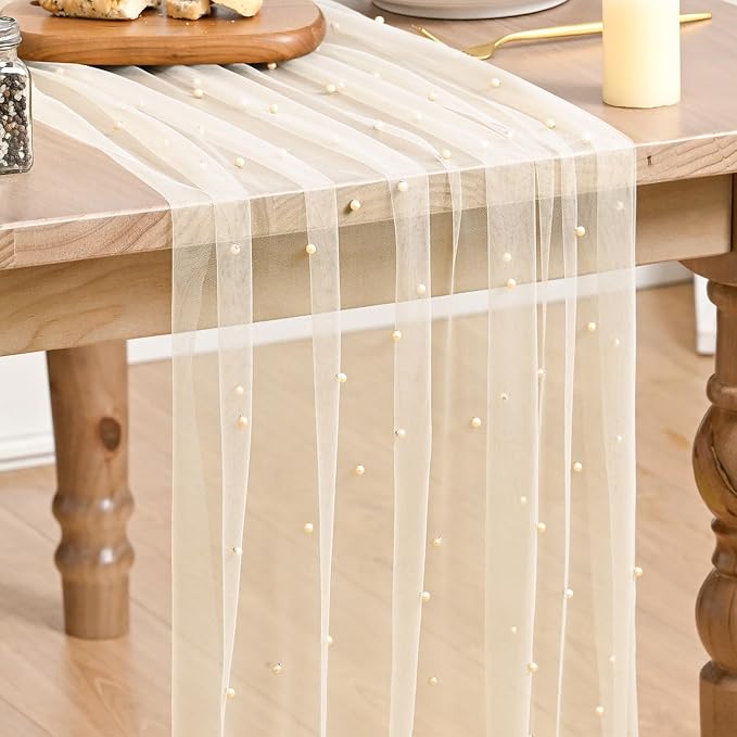Artoid Mode 3PCS Pearl Champine Gauze Table Runner 120 Inch 10FT, Seasonal Sheer Dining Holiday Wedding Birthday Baby Shower Table Decor for Home Party