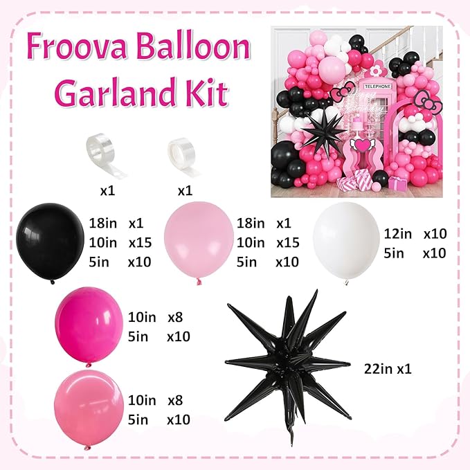 Pink and Black Balloon Arch Kit, 115Pcs Pastel Hot Pink Black White with Explosion Star Foil Latex Balloon Garland for Girls Women Birthday Theme Baby Shower Party Decorations
