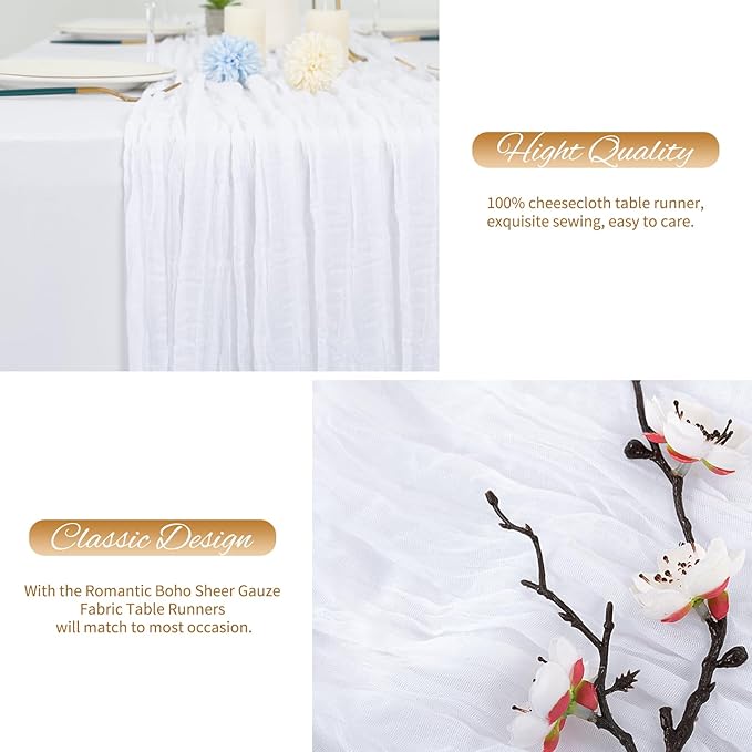 10 Pack White Cheesecloth Table Runner 10FT Boho Romantic Gauze Table Runner 20 x 120 Inch Rustic Sheer Runner for Wedding Party Bridal Shower Thanksgiving Christmas Decoration