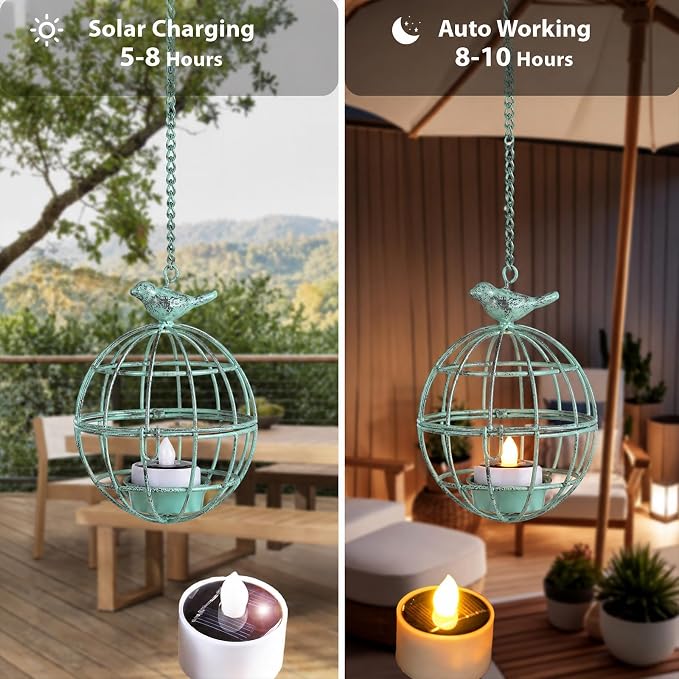 Outdoor Solar Hanging Lantern Lights, 4 Pack Rustic Ball Birdcage Hanging Candle Holder with Solar Tea Lights, Waterproof Chandelier for Tree, Pergola, Patio Decor (Vintage Green)