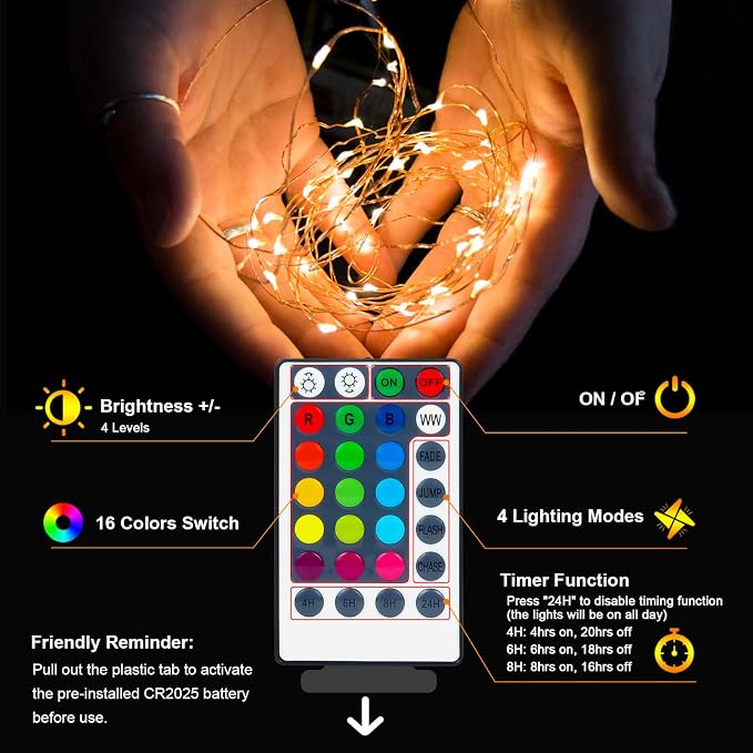 39Ft 120 LED Fairy Lights Battery Operated, RGB Color Changing String Light with Remote and Timer, Battery Powered Twinkle Lights for Bedroom, Dorm, Wall, Mason Jar, Backyard Indoor Outdoor Christmas