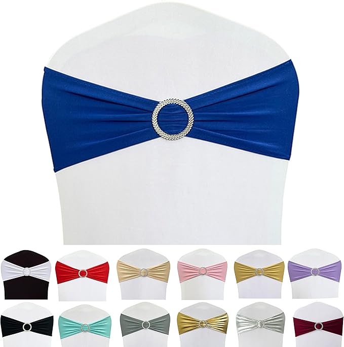 Spandex Chair Sashes Bands 100PCS Stretch Chair Ties Bows with Buckle Slider for Wedding Party Banquet Decoration (Royal Blue)…