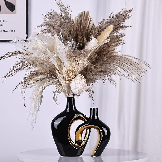 Black and Gold Hollow Ceramic Vase Set of 2, Modern Nordic Boho ins Style Aesthetic Decorative Flower Vase for Home Decor, Wedding, Living, Bedroom, Dining Table, Shelf, Mantle, Office Decor