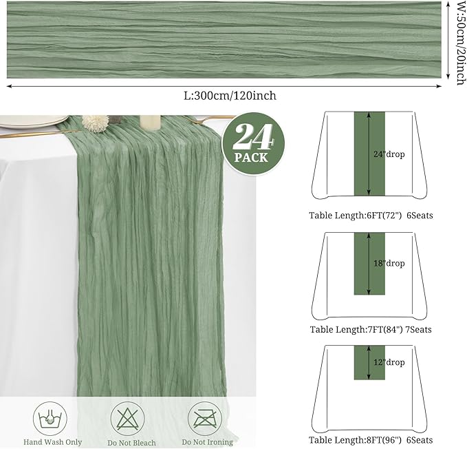 24 Pack Sage Green Cheesecloth Table Runner ,10FT Cheese Cloth Table Runner for Wedding Decor, 20x120inch Rustic Boho Gauze Table Runners for Wedding Party Bridal Shower Christmas