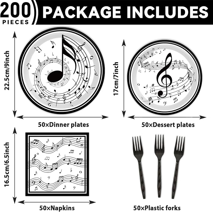 200Pcs Musical Note Plates Napkins Music Notes Themed Party Tableware Set Baby Shower Dinnerware Disposable Music Dessert Plates for Concert Birthday Party Baby Shower Decor Supplies Serve 50