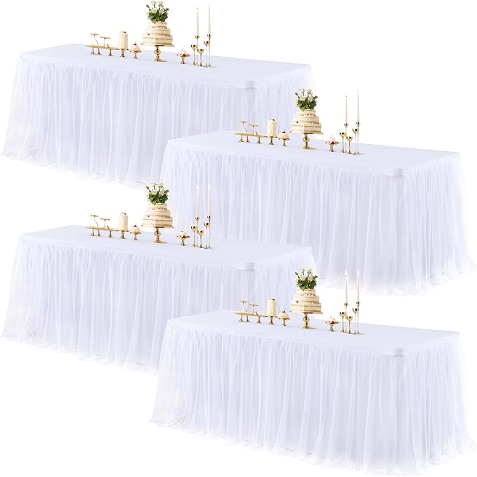 White Table Cloth Rectangle Table Covers for 6 Foot Tables, White Tulle Table Skirt Rectangle Table 6ft Stretch Tulle Tablecloth Skirt Fitted Elastic Banquet Party Wedding Table Cloth for 6 Foot Table
