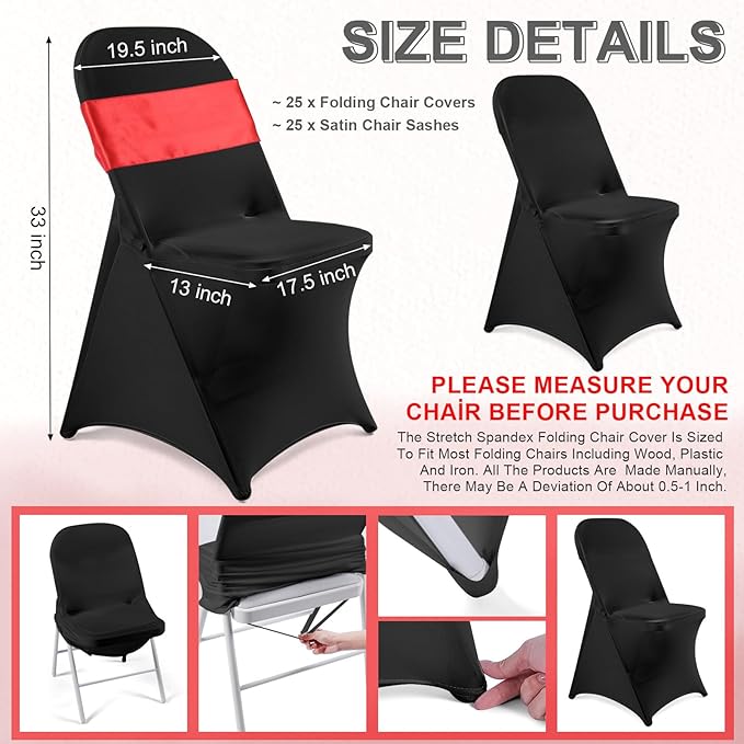 Lounsweer 50 Pcs Folding Chair Cover Set with 25 Stretch Spandex Slipcovers 25 Satin Chair Sashes Bows Ribbon Washable Banquet Protector for Wedding Event Party(Black, Red)