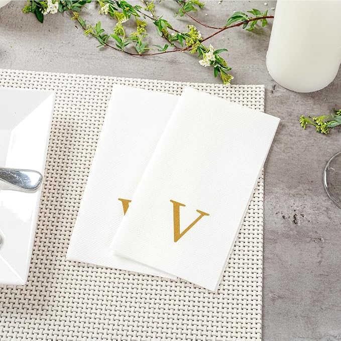 Luxenap 15.8 X 7.9 Inch Linen-Feel Guest Towels, 50 Lettered Hand Towels - Gold Letter 'V', Sans Serif Font, White Paper Dinner Napkins, airlaid, For Restrooms And Tables