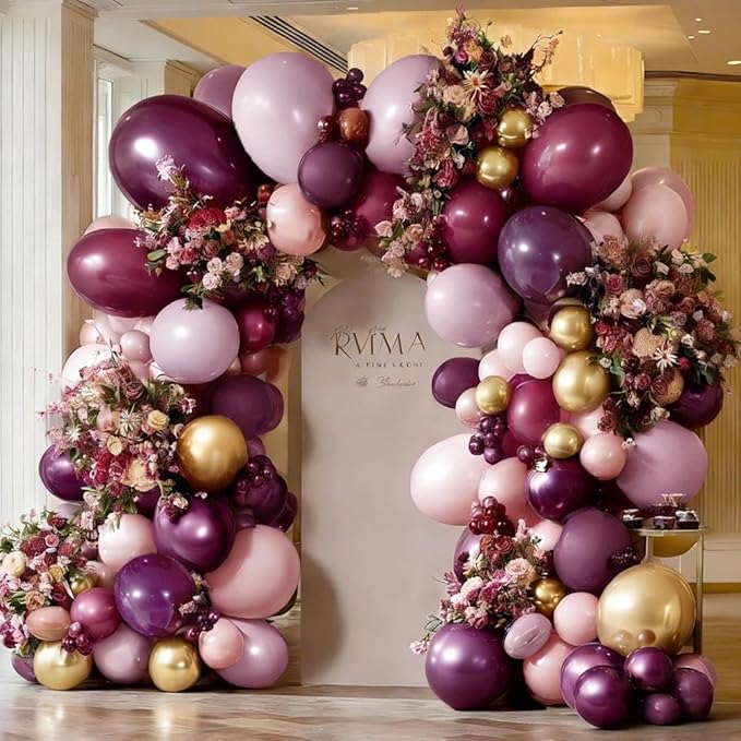 Dark Purple Pink Balloon Garland Double Stuffed Plum Mauve Burgundy Gold Balloon Arch Kit Dusty Pink Lavender Balloons for Birthday Bridal Shower Wedding Mother's Day Anniversary Party Decorations