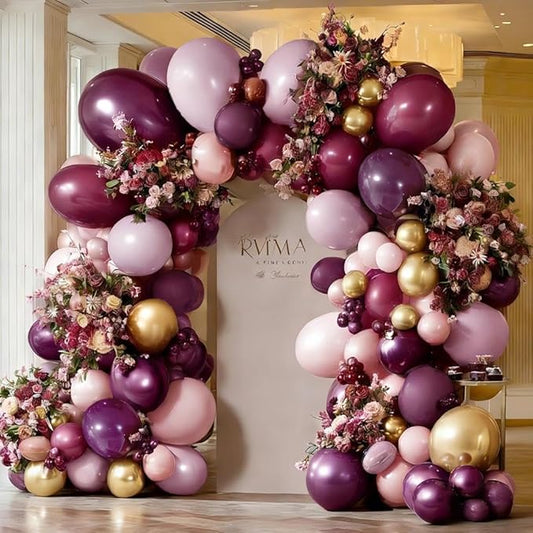 Dark Purple Pink Balloon Garland Double Stuffed Plum Mauve Burgundy Gold Balloon Arch Kit Dusty Pink Lavender Balloons for Birthday Bridal Shower Wedding Mother's Day Anniversary Party Decorations
