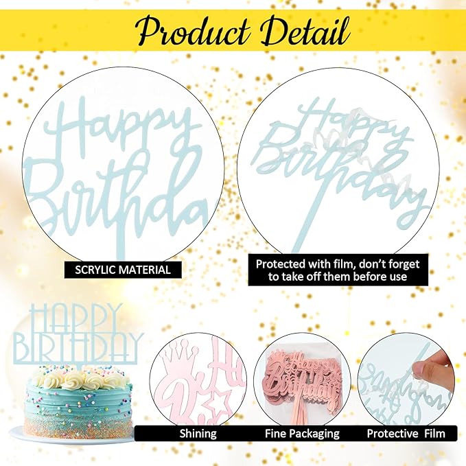 150 Pcs Happy Birthday Cake Toppers Acrylic Cake Topper Glitter Birthday Cake Decorations Double Sided for Adults Various Cake Decoration Party Supplies(Multicolor,Lovely)