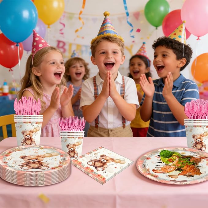 140pcs Gold Bear Birthday Party Decorations Tableware, Bear Table Centerpieces Party Supplies for Pets Lets Pawty Tableware Set Plates Napkins Cups Forks Knives for 20 Guests