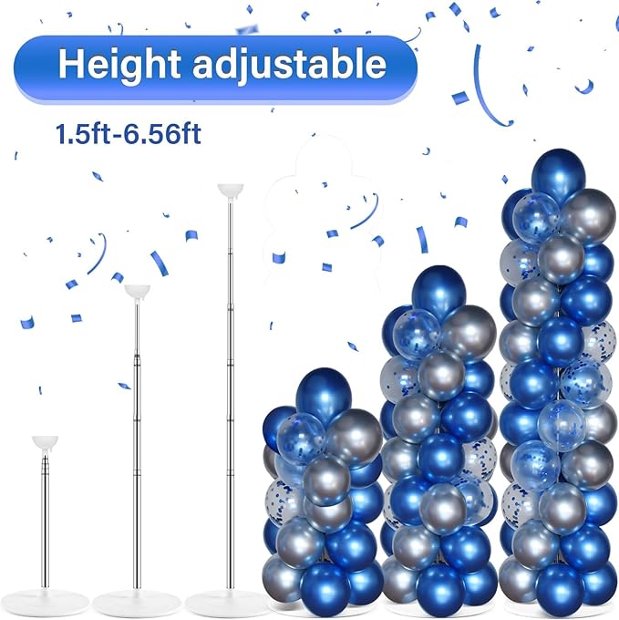 2 Sets Navy Blue and Silver Balloon Column Stand Kit with 100 Balloons Adjustable Balloon Tower Stand with Bases for Floor Confetti Balloon Column Kit for Graduation Birthday Appreciation Party Decor