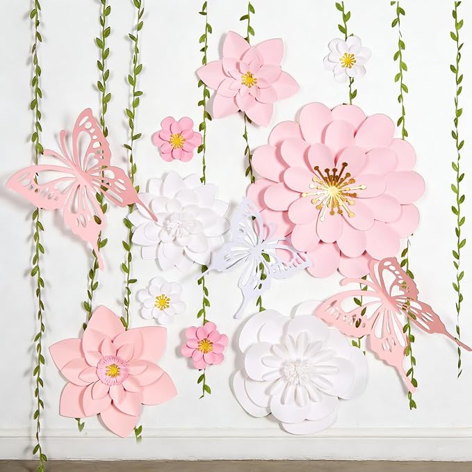 Paper Flower Decoration for Wall 3D Paper Butterfly Flower Bulletin Board Decor Pink White Artificial Flower Backdrop Wall Decor Green Leaves Vine for Classroom Office Spring Garden Tea Women Birthday