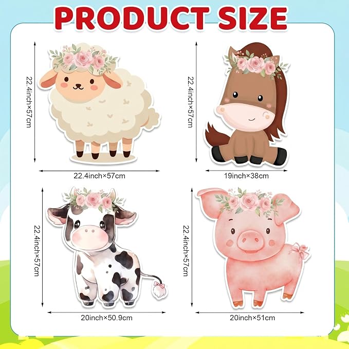 Gemscream 4 Pcs Large Pink Farm Animals Decorations 22.4 Inch Cute Animal Cutouts Cartoon Backdrop for Farm Birthday Party Supplies Baby Shower Decorations Photo Booth Props Gifts