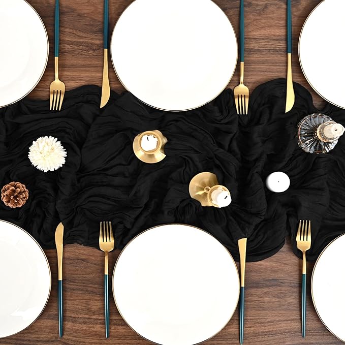 24 Pack Black Cheesecloth Table Runners,10FT Boho Gauze Table Runner,35x120inch Rustic Table Runner for Wedding Party Bridal Shower Thanksgiving Christmas Boho Table Decoration