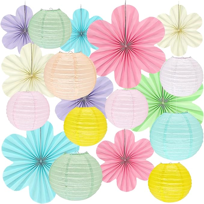 Spring Hanging Decorations - 18Pcs Spring Party Decorations | Paper Lanterns & Flower Fans Set for Pastel Classroom Decor, Office, Baby Shower, Birthday, Wedding & Easter Wall Decor