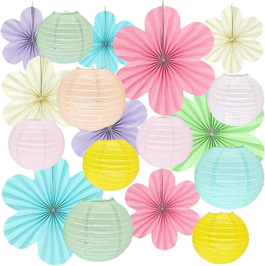 Spring Hanging Decorations - 18Pcs Spring Party Decorations | Paper Lanterns & Flower Fans Set for Pastel Classroom Decor, Office, Baby Shower, Birthday, Wedding & Easter Wall Decor
