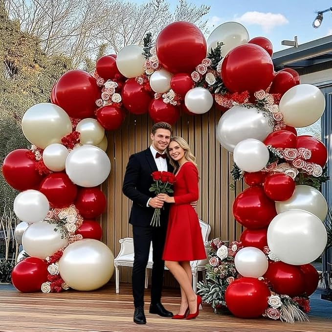 Red White Balloon Garland Double Stuffed Dark Red Pearl White Balloon Arch Kit Burgundy Balloons for Mother's Day Birthday Wedding Bridal Shower Engagement Graduation Party Decor