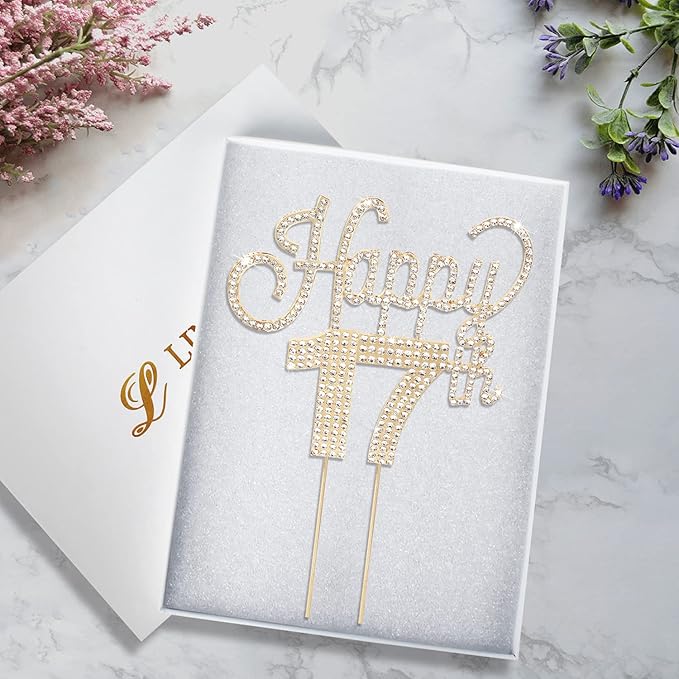 LINGTEER Happy 17th Birthday Gold Rhinestone Cake Topper - Cheers to 17th Birthday Seventeen Years Old Party Cake Centerpieces Topper Decorations Gift Sign.