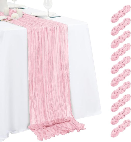 10 Pack Light Pink Cheesecloth Table Runner 17x108 Inch Semi Sheer Boho Gauze Cheese Cloth Table Runners, for Wedding Bridal Shower Birthday Party Home Decor Garden Farmhouse