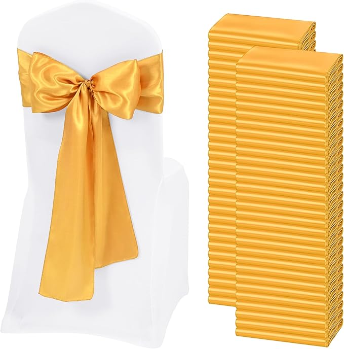 60 PCS Gold Satin Chair Sashes, Ties Bows Designed Chairs Decorative, Chair Cover Sashes for Thanksgiving Wedding Christmas Banquet Party Home Kitchen Decoration (7 x 108 inch)