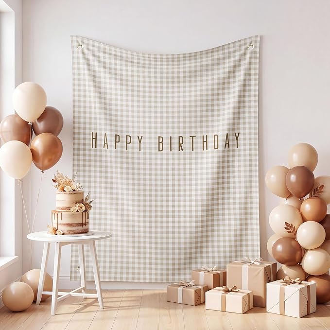 Flutesan 7x5ft Brown Gingham Happy Birthday Backdrop Large Banner Fabric Tapestry Birthday Party Decoration Baby Shower Linen Rustic Background Wall Photo Props Indoor Outdoor