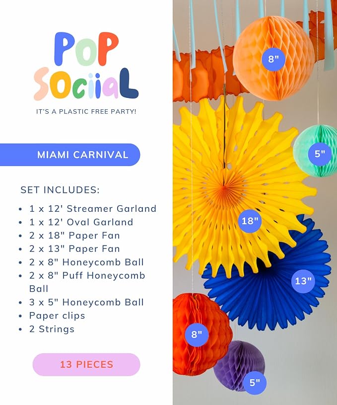 POP SOCIIAL Eco Friendly Paper Party Decoration Set - 13 Pieces, Miami Carnival - Made in the USA Plastic-Free FSC Sustainable Recyclable Reusable Pack - Dopamine Decor